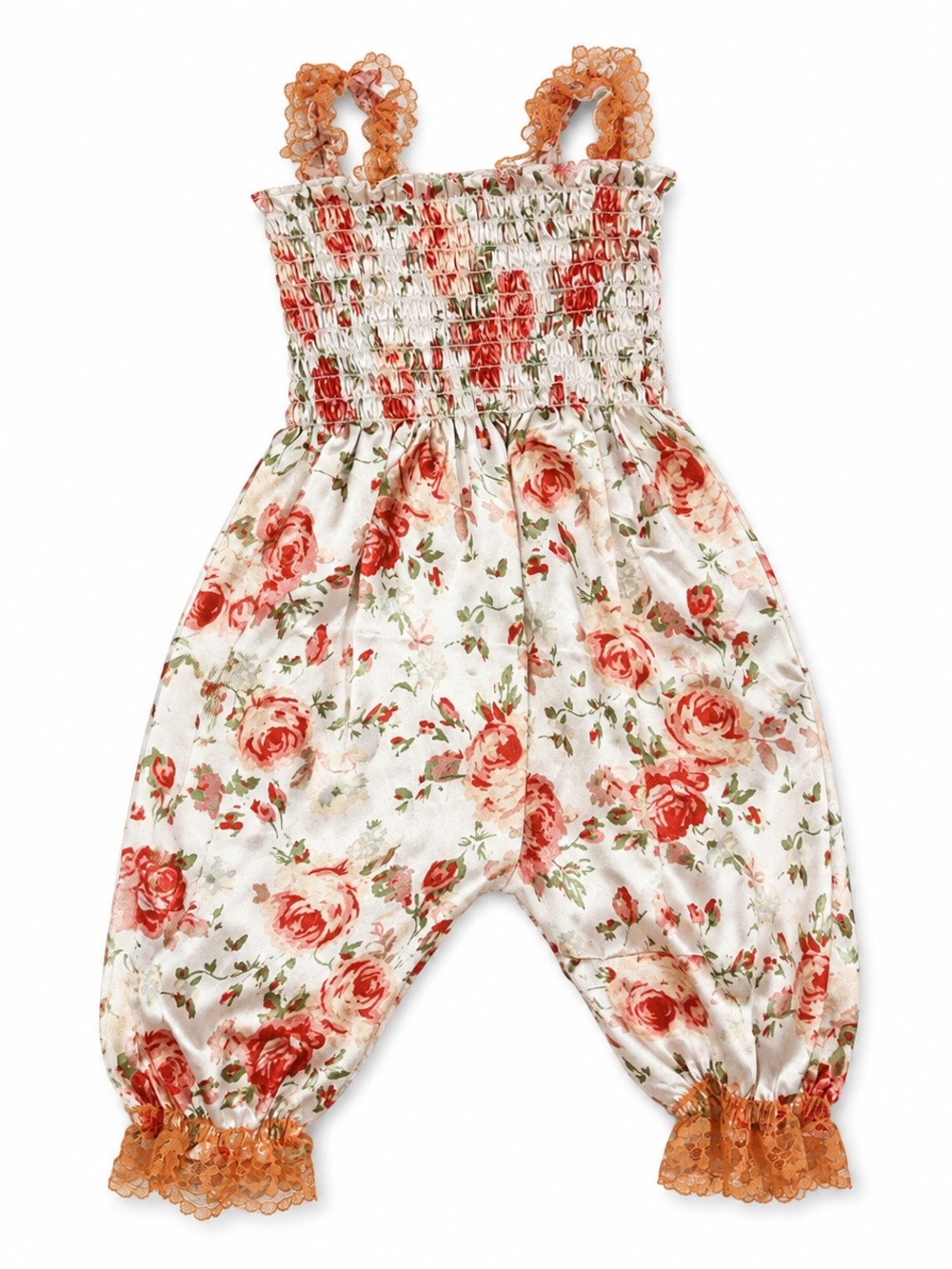 Floral Smocked Girls Romper - Coral Rose Print
